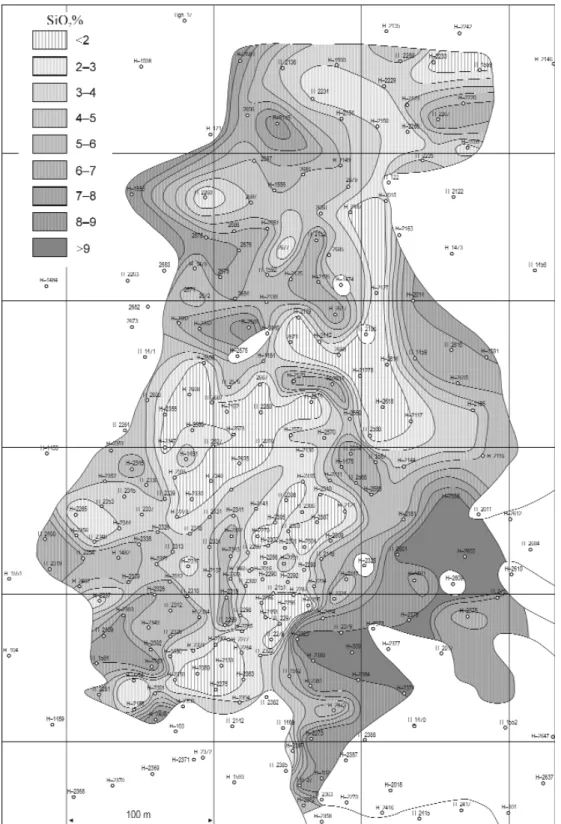 Figure 25. SiO 2 content of the bauxite body Halimba II SW (sectors 11–14)