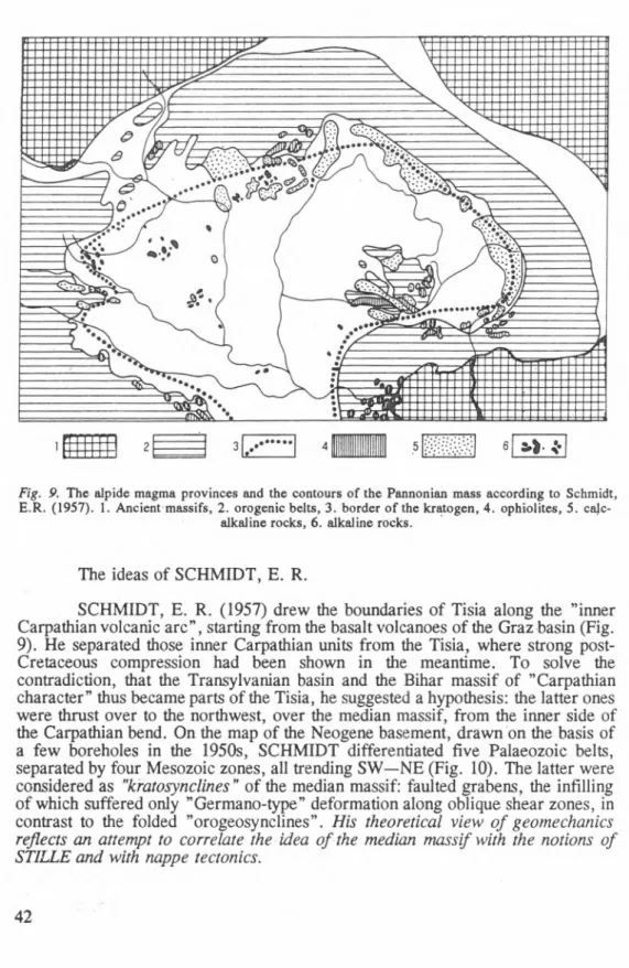 Fig.  9.  The  alpide  magma  provinces  and  the  contours  of the  Pannonian  mass  according  to  Schmidt,  E.R