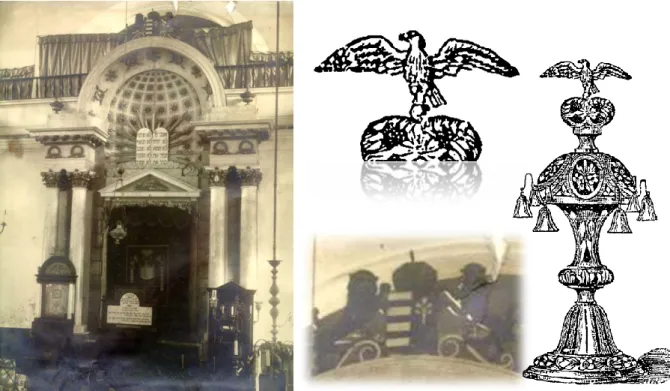 2. kép: Szegedi régi zsinagóga frigyszekrénye       3. kép: Tóra-dísz a 19. század végéről 