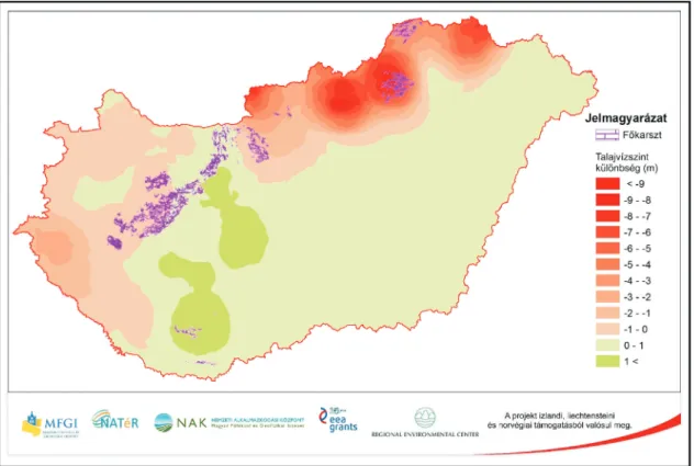 17. ábra. Az 1961–1965 és 2005–2009 időszakok számított talajvízszintjeinek különbsége