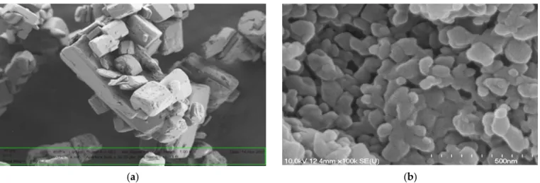 Figure 3. The SEM images of raw MX (a) and nanoMX powder (b).