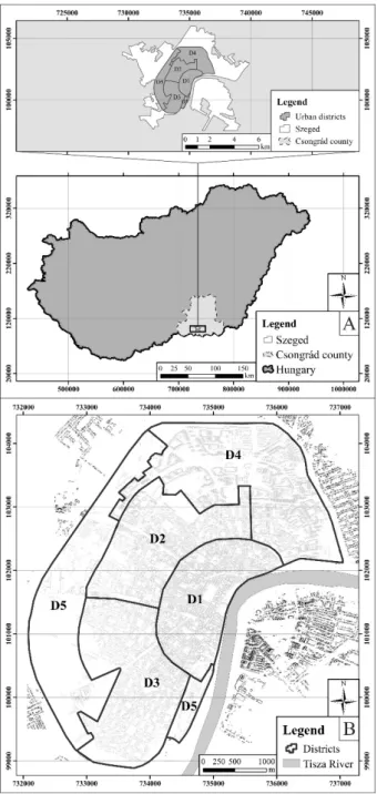 Figure 1. The spatial location of Szeged within Hungary  (A), the examined urban districts (B) (D1 = city center, 