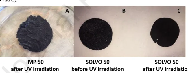 Fig. 8. Membrane degradation of IMP (A) and SOLVO (B and C) membranes before and  after UV irradiation