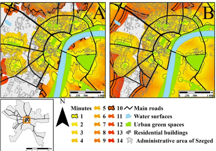 Fig. 7. Estimated walking distances in minutes according to the (A) service area and (B) buffer zone-based isochrone maps when different maximum walking  distances are assigned to urban green spaces with different level of attractiveness