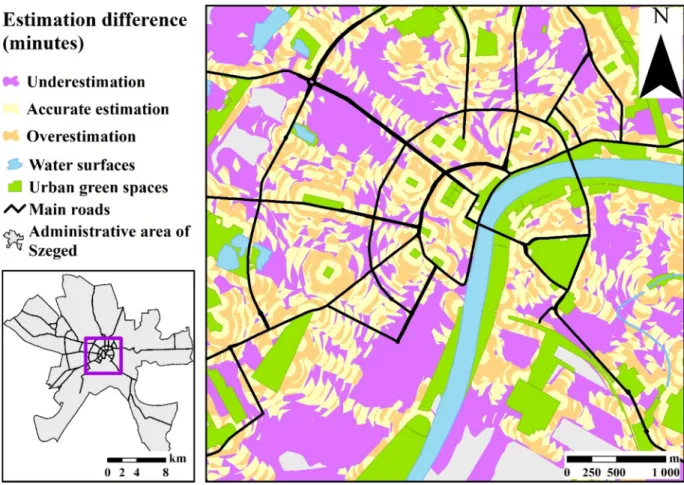 Fig. A2. Walking time estimation differences (in minutes) between the buffer zone and the service area-based isochrone maps