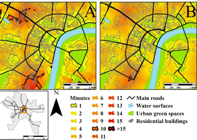 Fig. 3. Estimated walking distances in minutes according to the (A) service area and (B) buffer zone-based isochrone maps highlighting areas with poor overall UGS  accessibility in the continuous urban fabric