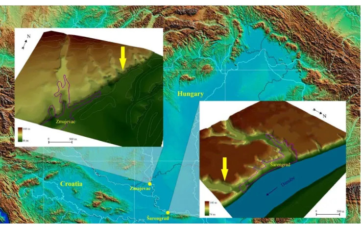 Fig. 1.  Areal DTMs showing the locations of the examined loess-paleosol sequences (yellow arrows show the exact locations of the sequences; contour  lines remarks 10 m elevation).