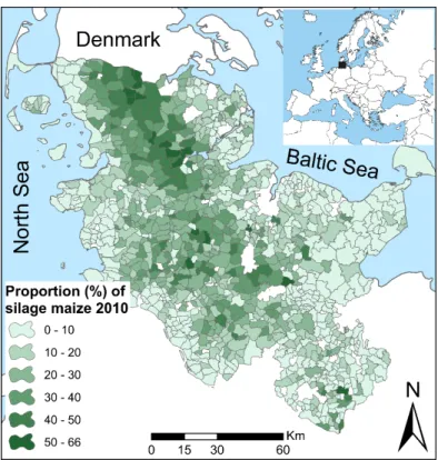 Figure  1.  Proportions  of  the  typical  energy  crop  (silage  maize)  in  the  settlements  of  Schleswig‐