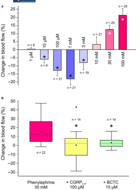 FIGURE 6  (a) Changes in  meningeal blood flow induced by topical  application of different concentrations  of phenylephrine onto the exposed dura  mater