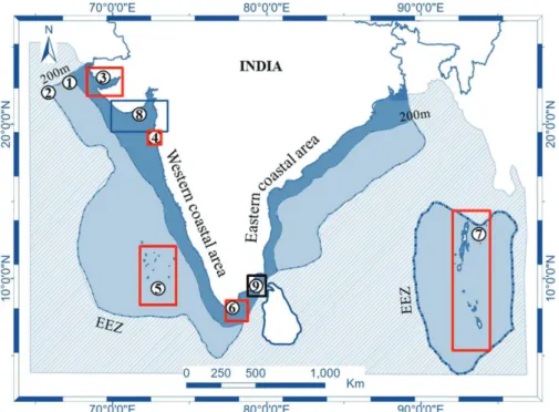 Figure 2: Indian territorial waters (red boxes tentatively denote the presence of coral reef areas; black boxes denote preferable areas for  commercial cultivation