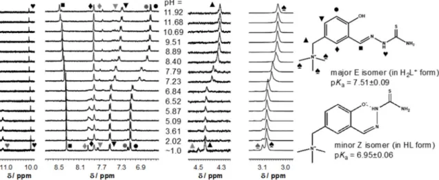 Figure 5. 1 H NMR spectra of the proligand [H 2 L H ]Cl (with different zooming of the selected regions for the better visibility) at various pH values with symbols used for proton resonances assignment in case of the major E isomer (black symbols) and min