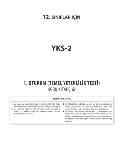 YKS SINIFLAR İÇİN 1. OTURUM (TEMEL YETERLİLİK TESTİ) SORU KİTAPÇIĞI ...