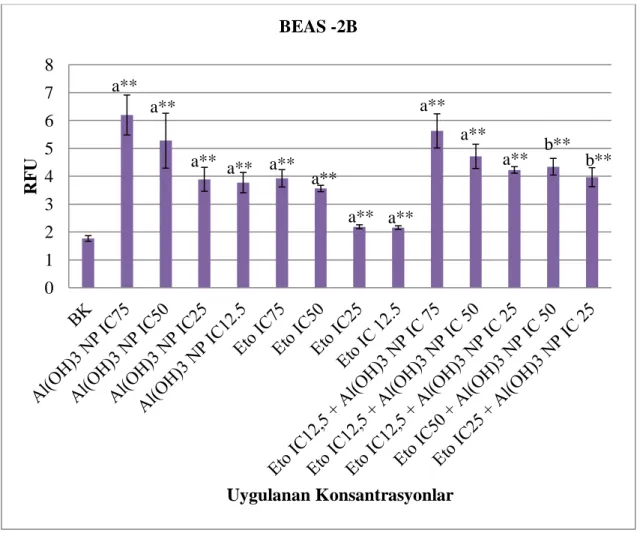 Şekil  4.18.  BEAS-2B  hücre  hattında  Al(OH) 3   nanopartikülü  ve  Etoposid’in  kombin  dozları  ile  4  saat  süre  muamelesi  sonucunda  elde  edilen  kuyruk  ROS  değerleri
