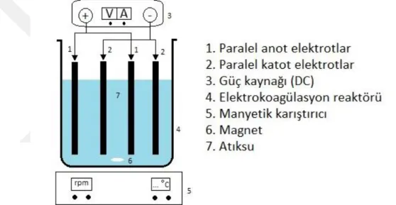 Şekil 3.1 : Paralel olarak bağlanmış monopolar elektrokoagülasyon hücresi. 