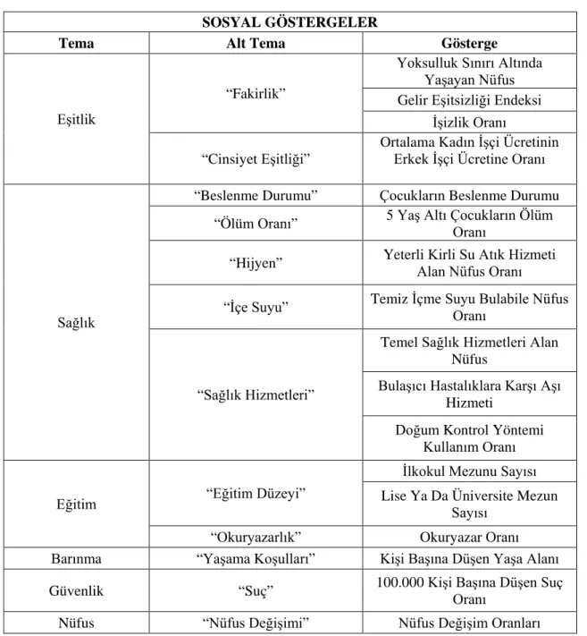 Tablo 4: Sosyal Göstergeler (Indicators of Sustainable Development: Guidelines an  Methodologies, 2001: 25) 