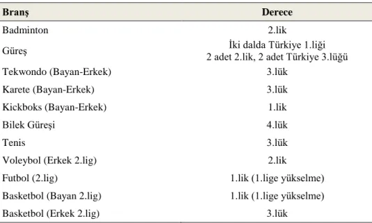 Tablo 2. Spor turnuva dereceleri tablosu 