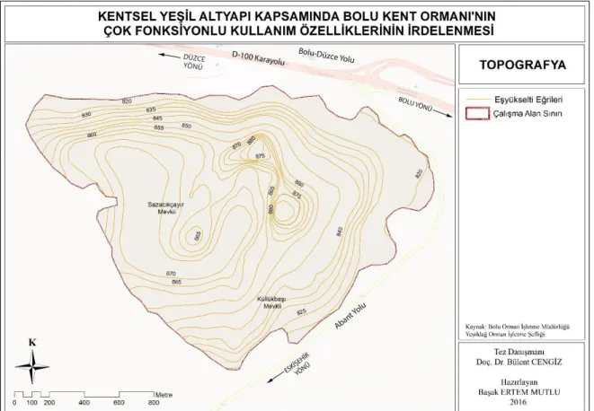 Şekil 13: Eşyükselti eğrileri haritası (Anon. 2014a’dan geliştirilerek).  