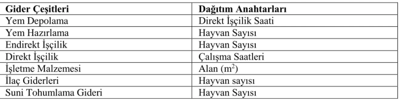 Tablo 10: Gider Çeşitlerine Ait Dağıtım Anahtarları 