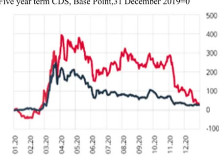 Figure 5.2. The Change Of Risk Premium in Turkey And Developing Countries  Five year term CDS, Base Point,31 December 2019=0 