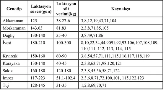 Çizelge 3. Kimi Türkiye koyun ırklarında süt verim özellikleri  Genotip  süresi(gün) Laktasyon 