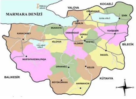 Şekil 1. Bursa İli ve İlçelerini gösteren harita. 