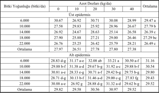 Çizelge 2. Farklı bitki sıklıkları ve azot dozlarında yetiştirilen silajlık mısırın üst ve alt 
