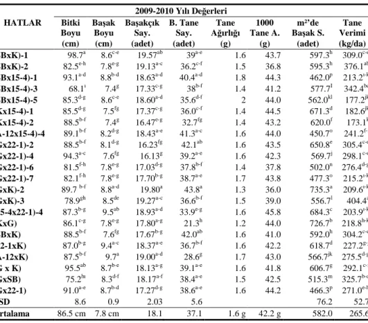 Çizelge 6. Araştırmada incelenen verim özelliklerinin 2009-2010 yılına ait değerleri 