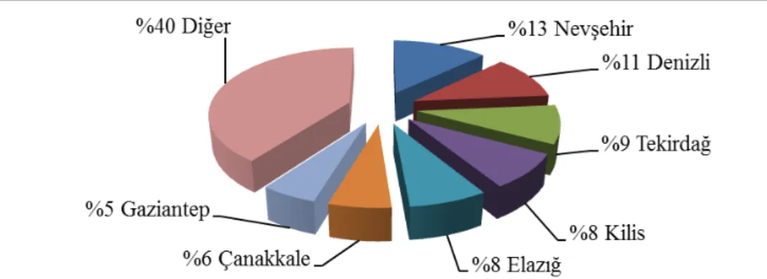 Şekil 6. (2004-2011) Yılları Ortalamasına Göre Şaraplık Üzüm Üretiminde İllerin Payları, 