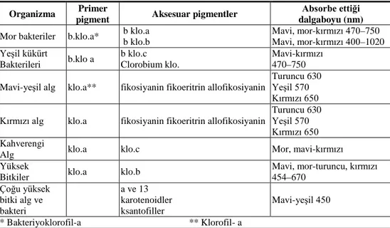 Çizelge 1. Fotosentetik Organizmalardaki pigmentler (Öncel ve ark. 2004). 