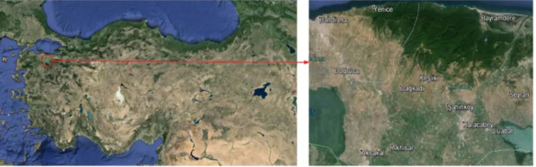 Şekil 1. Çalışma alanının coğrafik konumu  Çalışmada Kullanılan Uydu Görüntüleri 
