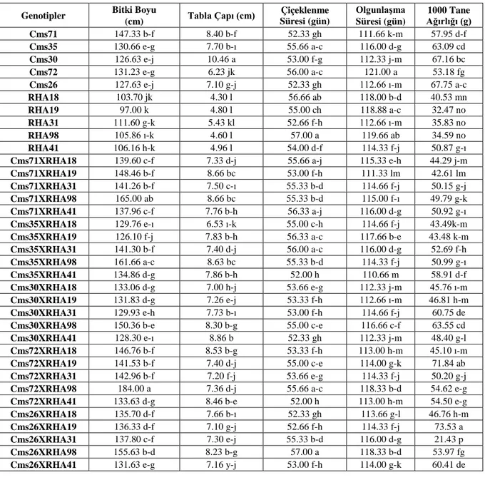 Çizelge 1.  Ayçiçeği ebeveyn ve melez kombinasyonlarında bazı verim komponentlerine ilişkin ortalama değerler  ve istatistiksel far klı gruplar 