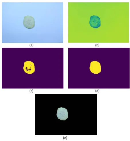 Şekil 2: Orijinal RGB görüntü (a), HSV renk uzayında Hue kanalı (b), eşikleme sonrası ikili görüntü (c), delik 