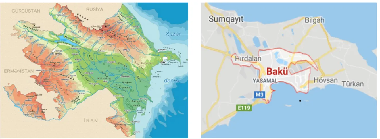 Şekil 1. Azerbaycan ve Bakü haritası (Anonim, 2019a; Anonim, 2019b) 