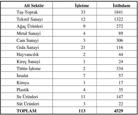 Çizelge 7: Sinop’ta Sanayi Kuruluşları 2004 verileri 