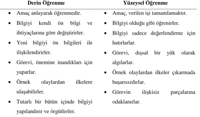 Tablo 2.3. Derin ve Yüzeysel Öğrenmenin Temel Özellikleri 