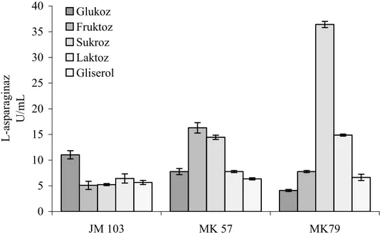Şekil 4.3.  E.coli  (JM103), MK57 ve MK79’ın farklı karbon kaynaklarının bulunduğu 