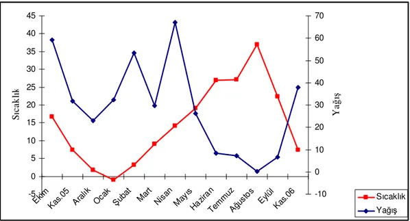 Şekil 4.1. Malatya İli çalışma dönemi aylık ortalama sıcaklık (°C) ve yağış (mm) verileri 