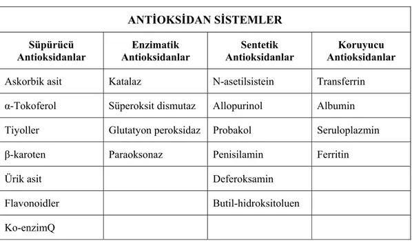 Tablo 1: Antioksidan Sistemleri (90) 