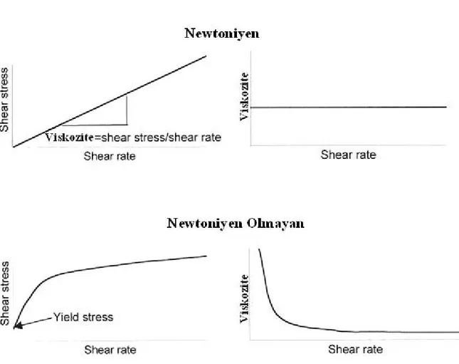 Şekil 4 :  Newtoniyen ve Newtoniyen olmayan akışkanlar için shear stress–shear rate ve  viskozite – shear rate ilişkileri [1]  