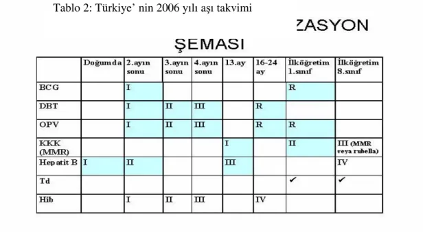 Tablo 2: Türkiye’ nin 2006 yılı aşı takvimi 