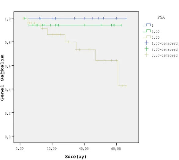 Şekil  2.  Başlangıç  PSA’ya  göre  genel  sağkalım  (1:  PSA  &lt;10  ng/ml,  2:  PSA  10-20  ng/ml, 3: PSA&gt;20 ng/ml) 