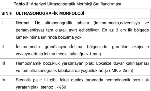 Tablo 3: Arteriyel Ultrasonografik Morfoloji Sınıflandırması  SINIF  ULTRASONOGRAFİK MORFOLOJİ 