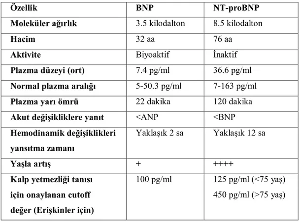 Tablo 14: BNP ve NT-proBNP’nin özellikleri 