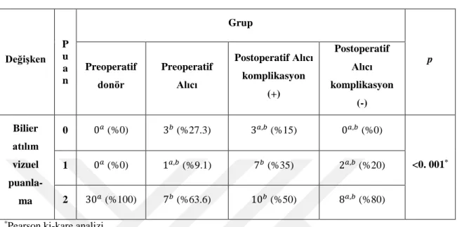 Tablo 6  Değişken  P u  a  n  Grup  p Preoperatif  donör  Preoperatif Alıcı  Postoperatif Alıcı komplikasyon  (+)  Postoperatif Alıcı  komplikasyon  (-)  Bilier  atılım  vizuel   puanla-ma  0  0 