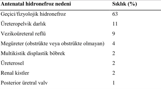 Tablo 3. Antenatal hidronefrozun nedenlerinden bazılarının görülme sıklığı (2) 