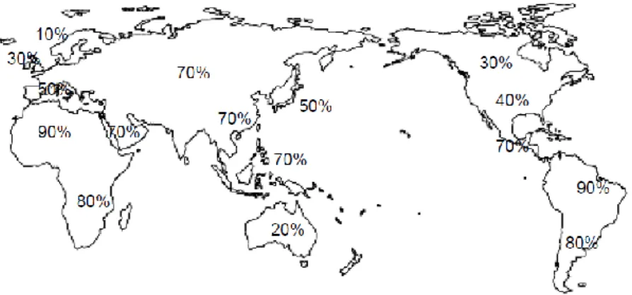 Şekil 2: Helicobacter pylori’nin dünya genelindeki dağılımı (24). 