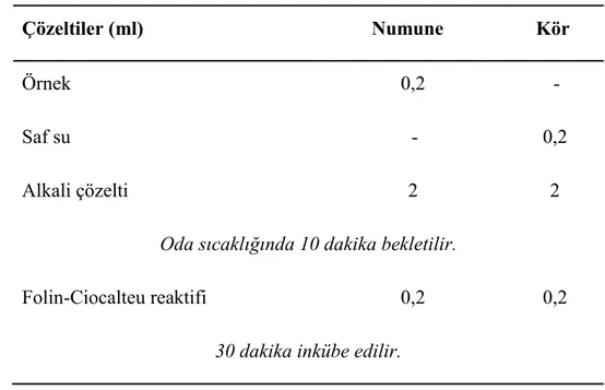 Tablo 7. Protein ölçüm yöntemi 