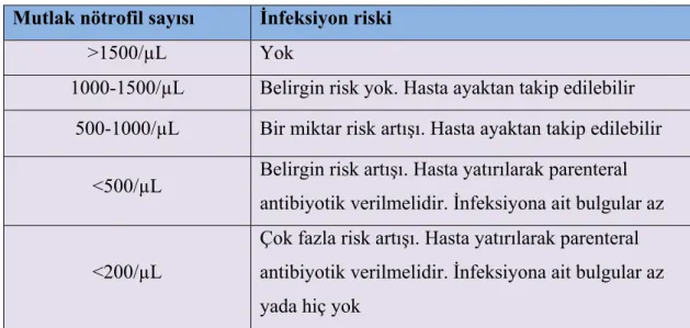 Tablo 1.1. Mutlak Nötrofil Sayısı ile İnfeksiyon Riski Arasındaki İlişki.  Mutlak nötrofil sayısı  İnfeksiyon riski 