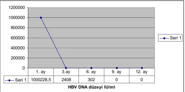 Şekil  6: Tenofovir  alan  hastaların  1.  ay  ,  3.  ay,  6.  ay,  9.  ay  ve  12.  ay  HBV  DNA  değerinin ortanca grafiksel görüntüsü 