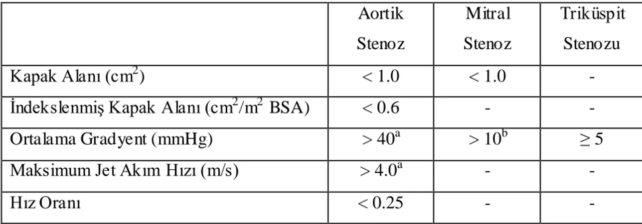 Tablo  2.1:  Ciddi  kapak  stenozunun  ekokardiyografik  olarak  değerlendirilmesi 
